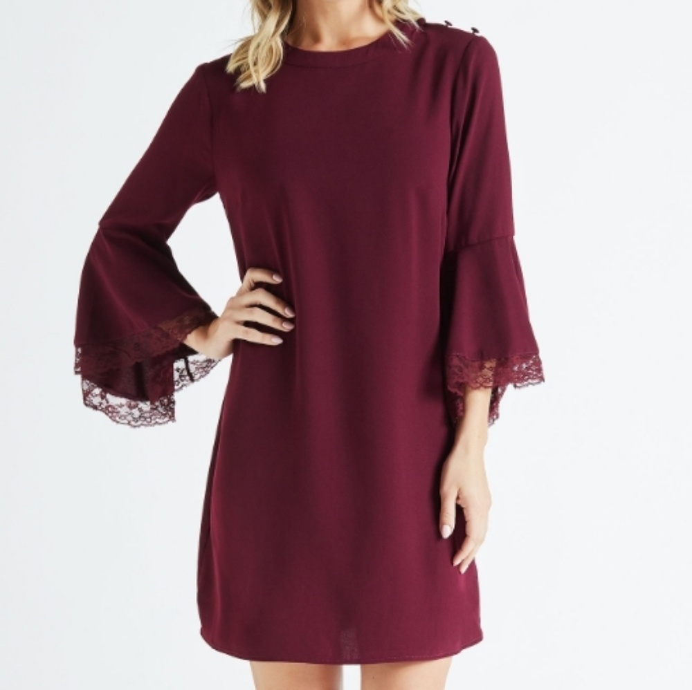 ** Hailey Lyn Lace Trim Bell Shift Dress
Deep Wine